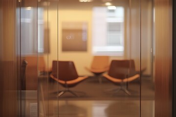 Aufkleber - Modern office waiting area with stylish chairs and warm lighting in a contemporary business environment