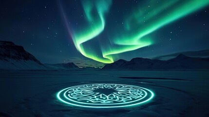 Poster - Aurora borealis northern lights concept. Stunning aurora borealis illuminating icy terrain with mystical patterns.