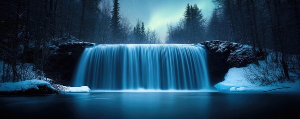 Poster - Aurora borealis northern lights idea. A serene waterfall cascading through a tranquil forest bathed in calming blue tones.