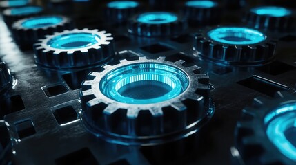 Poster - Abstract background with interlocking digital gears in a glowing blue tech pattern, creating a futuristic cybernetic feel with a clear copy space area.
