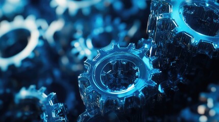 Poster - Abstract background with interlocking digital gears in a glowing blue tech pattern, creating a futuristic cybernetic feel with a clear copy space area.