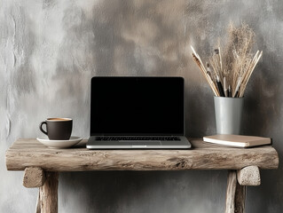 Laptop with blank screen, coffee cup and paintbrushes on rustic wooden desk
