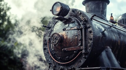 Poster - An old locomotive's complex mechanical engine, covered in grease and steam, against a blurred industrial background with copy space.
