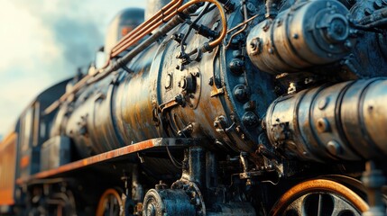 Poster - An old locomotive's complex mechanical engine, covered in grease and steam, against a blurred industrial background with copy space.
