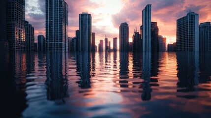 Poster - Iceberg melting idea. City skyline reflects beautifully on water during a stunning sunset.