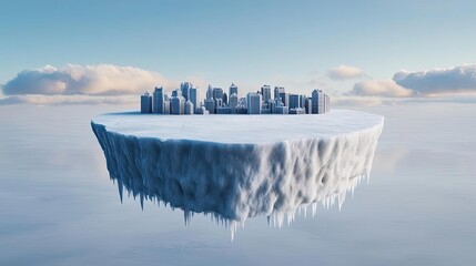 Poster - Iceberg melting concept. A futuristic cityscape floating on a cloud, surrounded by serene blue sky.