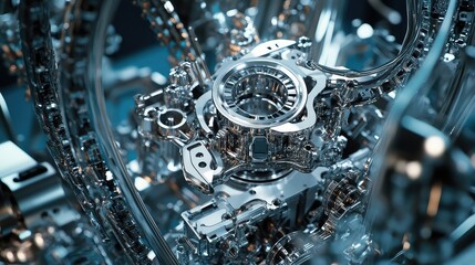 Poster - Automated car engine assembly plant, high-tech robotics assembling vehicle components.