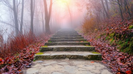 Poster - A beautiful stone path leading into a misty forest, evoking the idea of a journey of self-discovery and spiritual belief, with room for text.