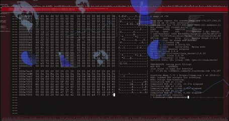Poster - Displaying hexadecimal code and system information on abstract blue shapes animation