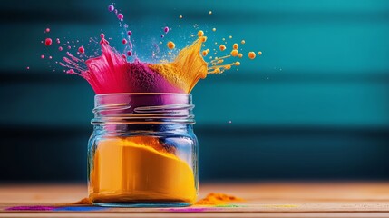 Poster - Jar of colorful powder is sitting on a wooden table. The jar is filled with a variety of colors, including red, yellow, and blue. The powder appears to be a mix of different colors