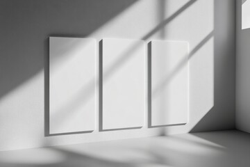 Poster - Four minimalist blank posters arranged in a modern space with soft shadows on a gray surface