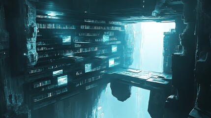 Poster - Mysterious futuristic library with glowing shelves in a cavernous space