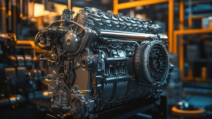 Poster - A large industrial engine with intricate tubing and metallic textures, partially obscured to leave copy space for text or branding.