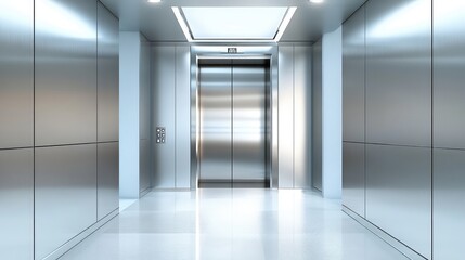 Poster - A modern elevator with brushed stainless steel panels, sleek design, and ambient lighting, offering plenty of space for text or creative messaging.