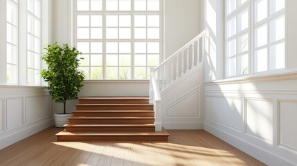 Poster - A modern staircase with minimalist design, wooden steps, and large windows allowing natural light to flood the space, leaving room for text.