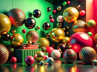 Poster - Vibrant 3D Abstract Art: Light Green, Black Gold, Pink Red Background