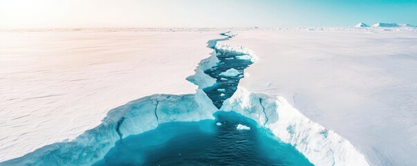 Poster - Iceberg melting idea. A stunning view of a glacial crack revealing vibrant blue water amid white ice.