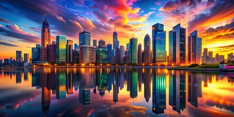 Aufkleber - vibrant abstract city skyline reflection: colorful urban architecture on calm water