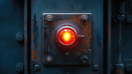 Poster - A single glowing red LED indicator light on a piece of factory machinery, against a pitch-black background with negative space.