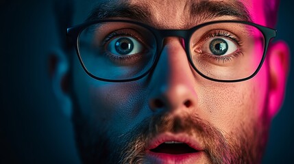 Poster - Man with glasses is looking surprised. The image has a moody and dramatic feel to it