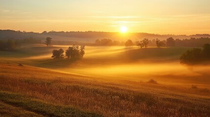 Poster - A soft sunrise casting golden light over a calm landscape, symbolizing belief in new opportunities and hope, with room for branding or text.