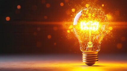 Poster - A 3D model of a classic incandescent lightbulb bursting with radiant energy and illuminating the scene with a dramatic explosion of light and heat  The image evokes a sense of innovation creativity