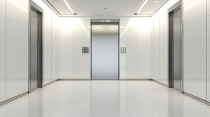 Poster - A spacious elevator with glossy white floors, soft lighting, and clean, modern walls, providing an open space for product or branding messages.