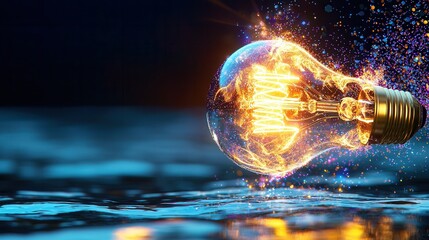 Poster - Radiant 3D rendered incandescent lightbulb emitting a soft luminous glow with a dynamic reflection in a fluid watery environment  The image conveys a sense of innovation energy and digital design