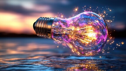 Poster - A mesmerizing 3D rendered image of a lightbulb emitting a soft luminous glow representing the power of innovation creativity