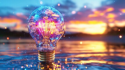 Poster - Elegant and Refined 3D Rendering of a Glowing Light Bulb Floating on the Surface of a Tranquil Lake with a Vibrant Sunset Sky in the Background Conveying a Sense of Creativity
