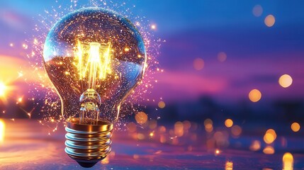 Poster - A refined and elegant 3D rendering of a bright light bulb glowing with brilliant illumination representing creativity innovation and The image evokes a sense of discovery intelligence