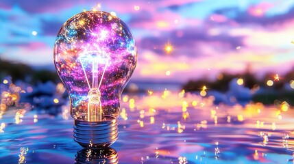 Poster - A sleek and futuristic 3D image of a glowing iridescent lightbulb shaped orb reflecting in shimmering colorful water  The image has a captivating dreamlike and a sense of wonder and imagination