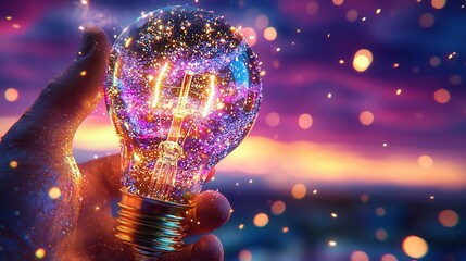 Poster - A sleek and futuristic 3D image of a glowing lightbulb illuminating a cosmic atmosphere filled with swirling galaxies stars and a vibrant colorful energy  This digital symbolizes innovation