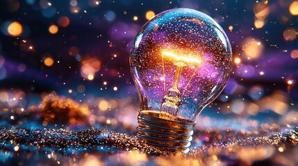 Poster - Radiant Glowing Lightbulb Illuminating the Futuristic Cosmic Realm  A sleek and visionary 3D image of a luminous incandescent orb shining brightly against a magical sparkling cosmic backdrop