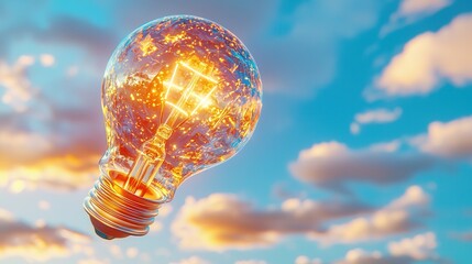 Poster - A sleek and futuristic 3D rendering of a glowing light bulb illuminating an ethereal cloudscape symbolizing the potential of renewable energy and sustainable innovation to power a brighter future