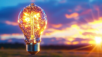 Poster - Dramatic landscape with a glowing illuminated light bulb set against a scenic sky filled with vibrant sunset clouds  The image represents the power of innovation creativity