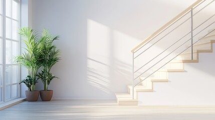 Poster - A staircase with light wood steps and a metal railing, flanked by potted plants, offering a bright and fresh environment with space for health-related copy.