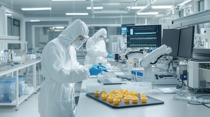 Poster - Advanced fuel analysis conducted by researchers in a modern high tech biotech laboratory equipped with cutting edge scientific equipment and technology for innovative research and development