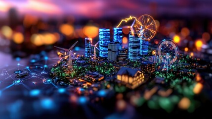 Poster - futuristic skyline of a high tech metropolitan city featuring a centralized power grid management hu