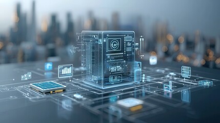 Poster - Futuristic and innovative depicting an advanced renewable energy network infrastructure with a digital connectivity system for efficient power distribution and communication in a smart city