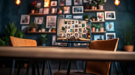 Poster - Computer monitor is on a table in front of two chairs. The monitor is displaying a picture of a wall with many pictures on it. The chairs are empty