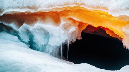 Aufkleber - Iceberg melting idea. A stunning ice cave featuring brilliant orange and white icicles against a dark background.