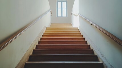 Poster - A wide, well-lit indoor staircase with warm wooden steps and a simple handrail, surrounded by blank walls, offering plenty of room for creative content.