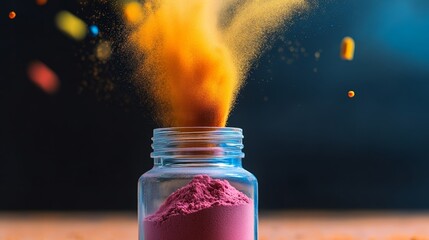 Poster - Jar of powder is being poured out of a bottle, creating a colorful cloud of dust. The scene is lively and energetic, with the powder particles flying out of the jar and filling the air