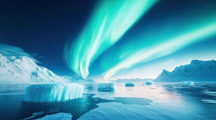 aurora borealis northern lights concept. breathtaking view of glowing auroras over icy landscape dur