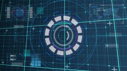 Aufkleber - Animation of digital interface with circular patterns and charts on blue grid