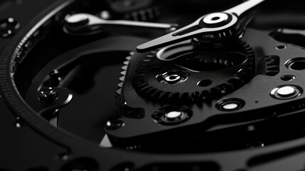 Poster - Black and white close-up of finely detailed metal gears, arranged artistically with negative space in the lower half for branding or messaging.