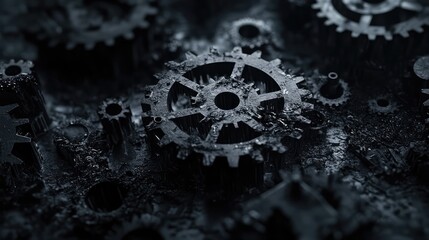 Poster - Black and white close-up of finely detailed metal gears, arranged artistically with negative space in the lower half for branding or messaging.