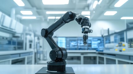 Poster - Close-up of a sleek, black robotic arm with articulated joints, working in an automated facility with a clean copy space area.