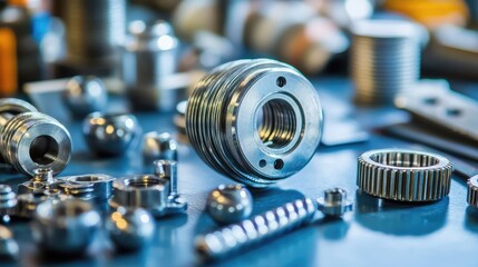 Poster - Close-up of ball bearings and metal components, neatly arranged on an industrial surface.